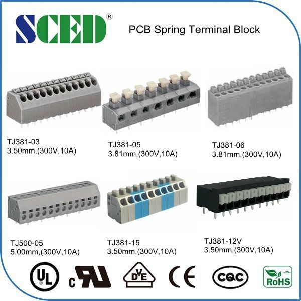 Pitch 3.50mm Spring Screwless Terminal Block 300v 10a Electric Degree Terminal Block