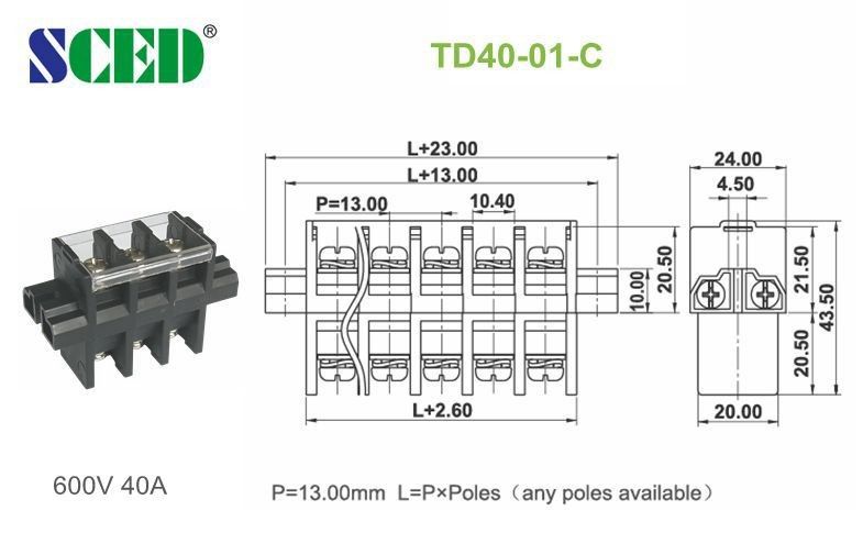 Feed Through PBT Screw Terminal Block Connector 600V 40A  13.00mm