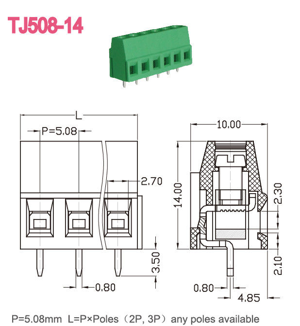 5.08mm Pitch PCB Terminal Block 300V 10A M3 2-24 Poles Green Color