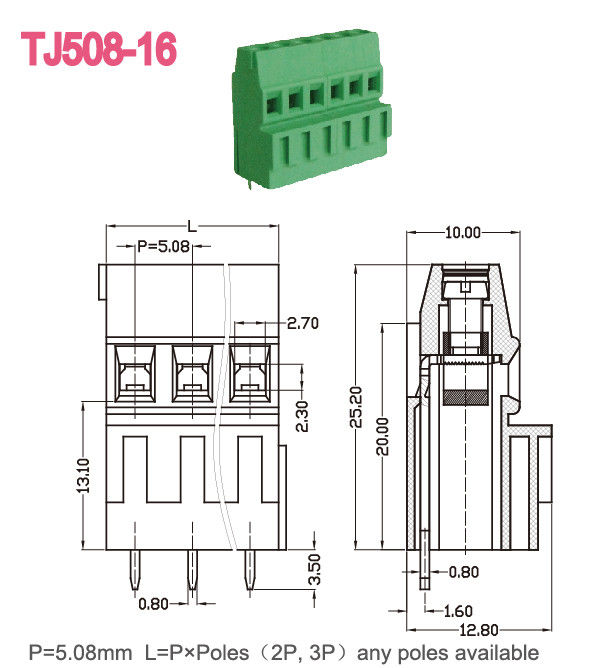 Green Terminal Block Connector 300V/10A M3 Screw 6-7mm Stripping Length 12-26AWG
