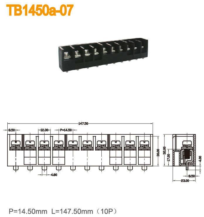 14.50mm Pitch Barrier Terminal Block 10 Poles 600V 57A Power Terminal Blocks Black