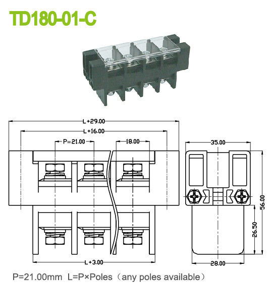 21mm Perforation 180A Panel Mount Feed Through Terminal Block With Plastic Cover