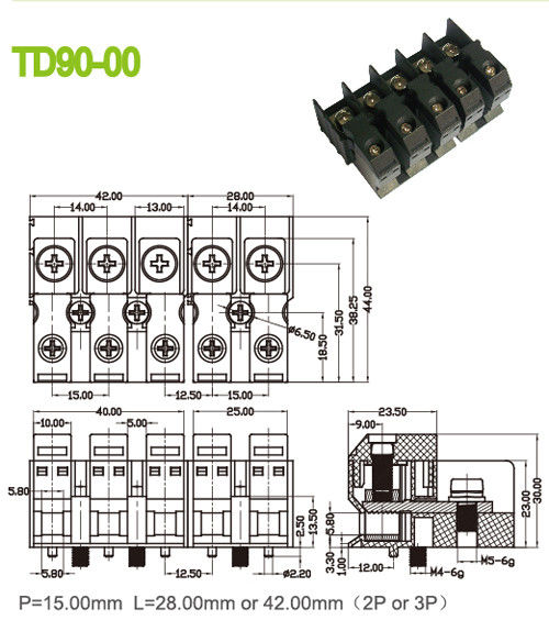 Electrical Feed Through 85A Terminal Block Connectors Brass Perforation 15mm M5