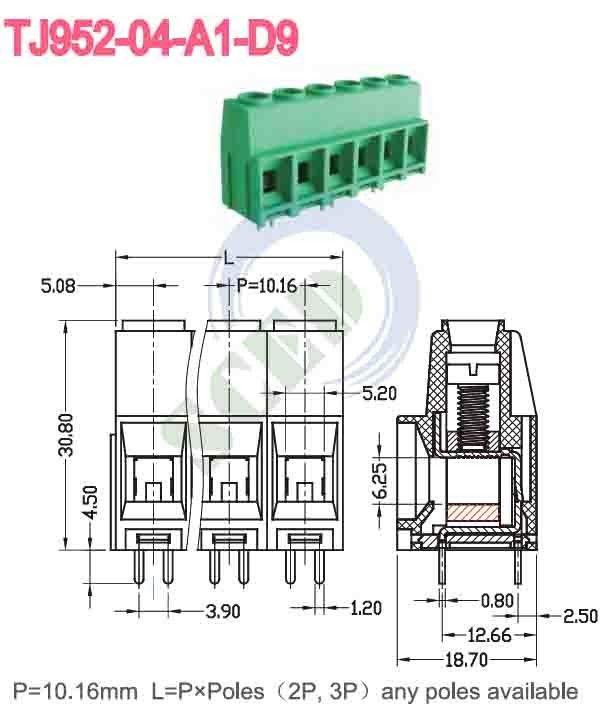 10.16mm 57A PCB Terminal Block Green Brass PA66 Nickel Plated