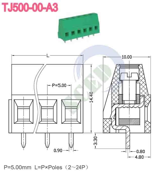 Pitch 5.00mm 300v PCB Terminal Block 10A 2P-24P Right Angle Wire Inlet 12-26 AWG