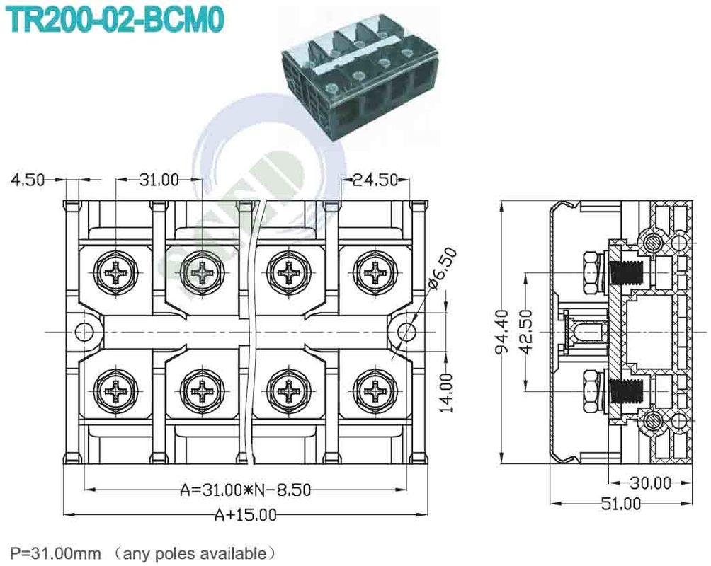 Black High Current PC Terminal Block Pitch 31.00mm 600V 200A For Rail Transportation