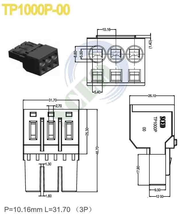 300V 55A Female Pluggable Terminal Block , 600V 55A PCB Terminal Blocks Pitch 10.16mm 3P