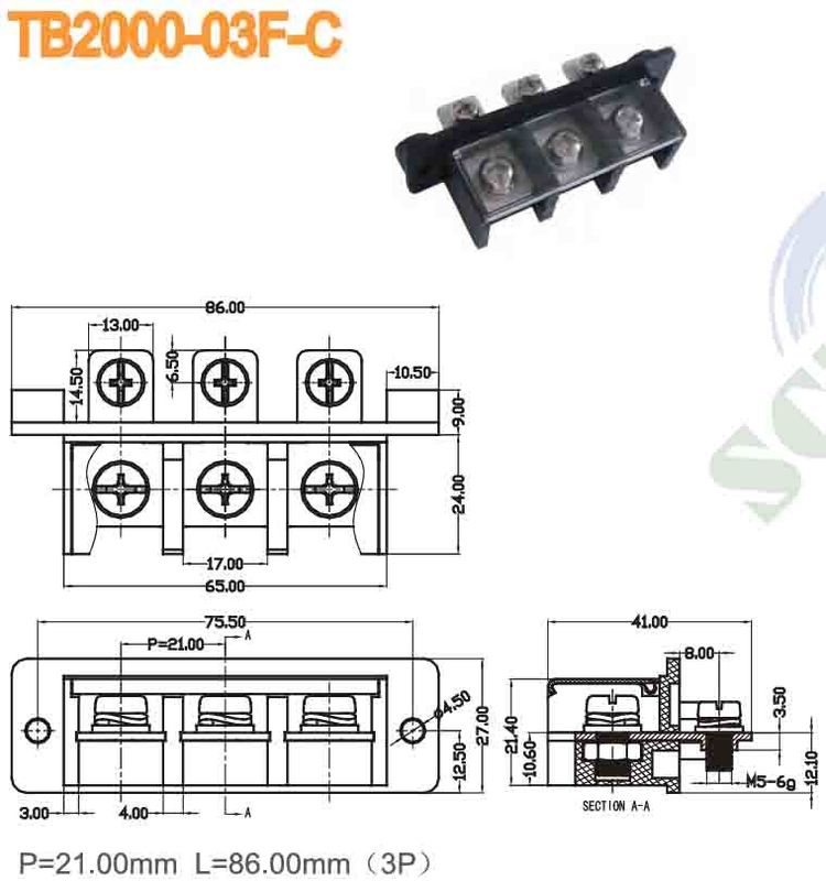 Pitch 21.00mm 600V 65A 3P Barrier Terminal Block Single Row PBT M5 Power Terminal Block Connector