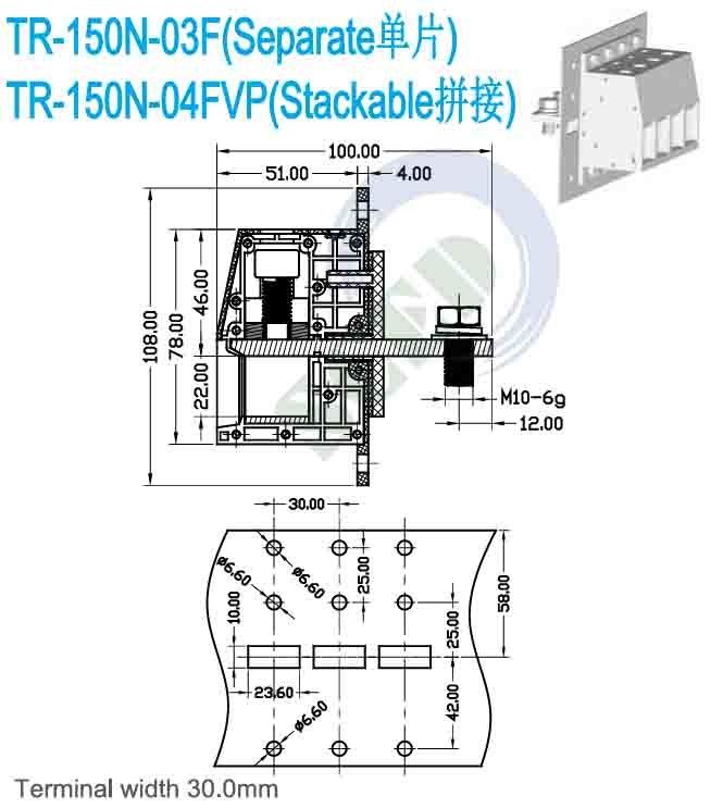 Feed Through Panel Terminal Blocks Bulkhead Connectors PA66 M10 Pitch 30.0mm
