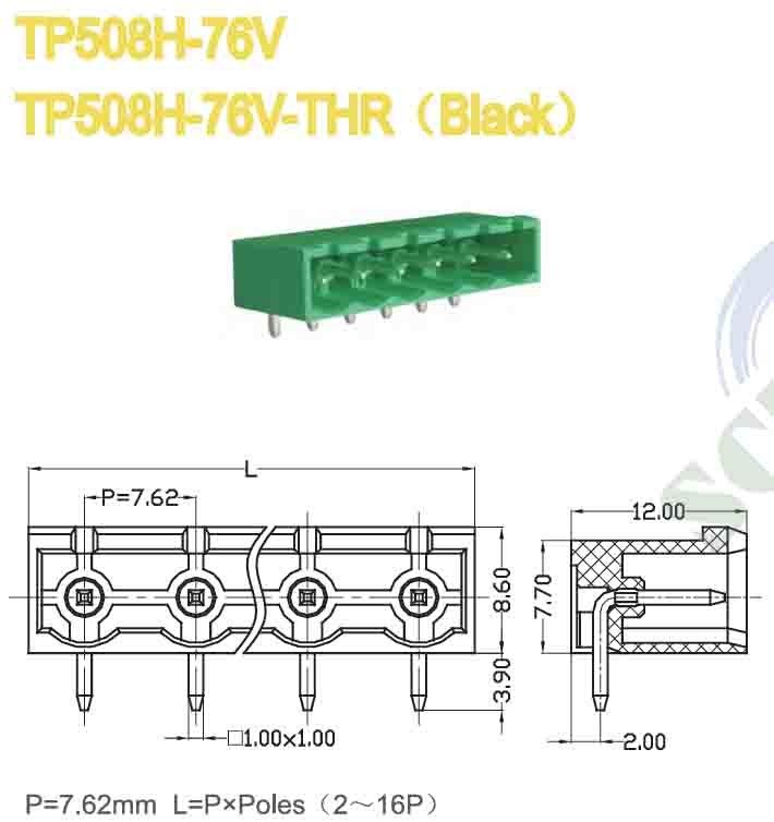 Green PCB Plug In Terminal Block Electrical 7.62mm PA66 300V 18A Brass Terminal
