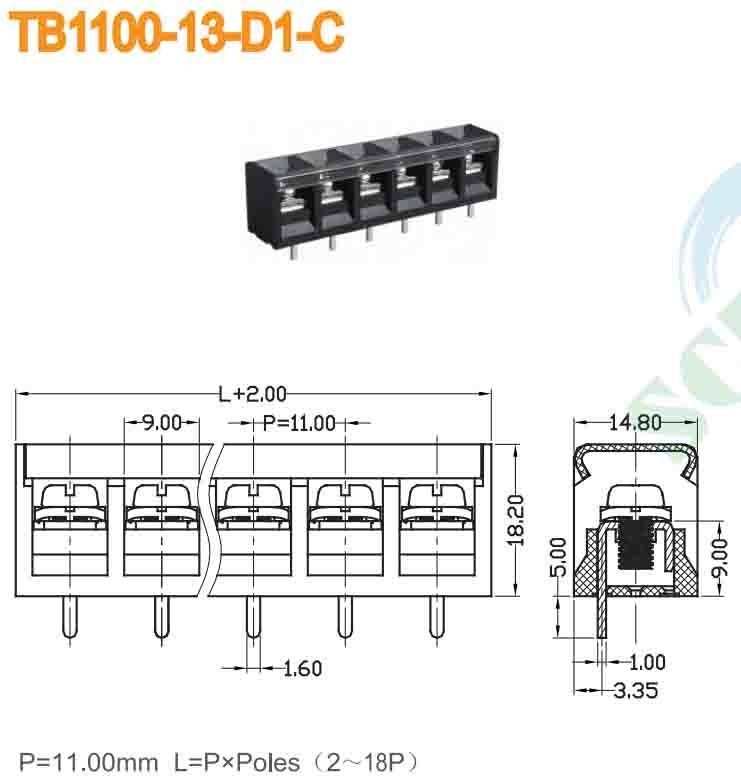 600V 30A Single Level Barrier Terminal Block Steel M4 Screw 11.00mm 2-18P