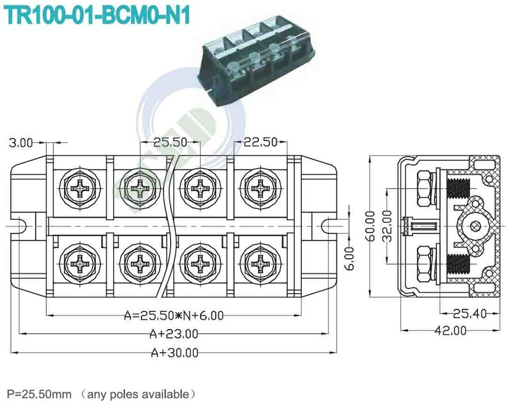 25.50mm High Current Terminal Block 600V 101A Brass Power Terminal Blocks