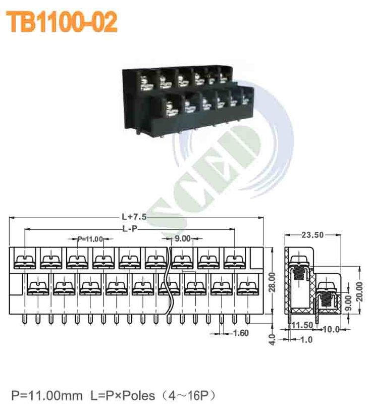 250V 18A Double Levels Barrier Power Terminal Blocks with Pitch 11.00mm and Wire Range 12-24AWG