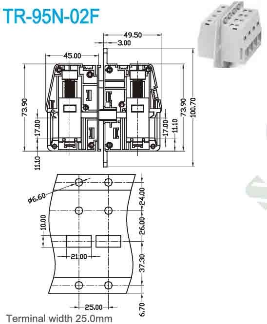 600V 230A Torque 132-177 Through Panel Terminal Blocks Pitch 25.0mm Right Angle